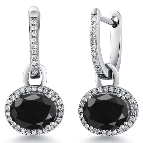 925 Sterling Silver with 5.92 Cttw Black Sapphire Oval French Lock Drop Earrings - Picture 1 of 5